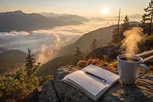 Steaming Coffee Cup and Open Notebook in the Mountains, with Misty Lake View at Sunrise photo