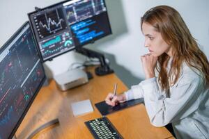 Young professional analyzes stock market trends while working on multiple computer screens in a modern office photo