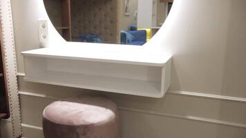 White dressing table with round mirror and soft stool video