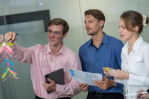 Team collaborating on innovative project presentation in modern office environment during daytime photo