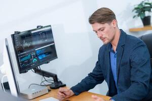 Professional male analyst working at a desk with dual monitors, focused on data analysis and stock market trends photo