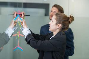 Team collaborates on creative project using colorful sticky notes in modern office setting photo