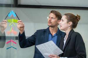 Business professionals collaborating in modern office to brainstorm ideas using colorful sticky notes during a meeting photo