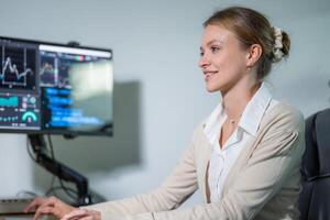 Successful woman working on data analysis in a modern office setting during the afternoon photo