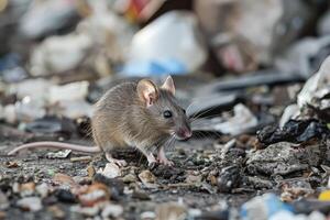 Small mouse is standing on a pile of trash photo