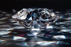 Diamond is shown in a reflection on a dark surface photo