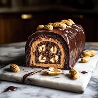 Chocolate cake with nuts and a peanut drizzle on top photo
