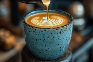 Cup of coffee with a leaf design on it photo