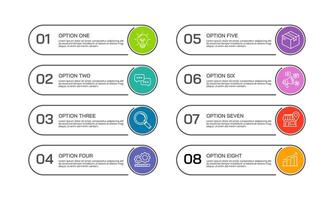 8 process or options colorful infographic design template. Presentation, Labels, Plan and Data. vector