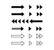 Collection of different black arrow icons, including standard arrows, forward and backward play controls. vector