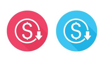 Dollar Down Symbol Round Icons Displaying in Red and Blue with Long Shadow. Decreasing Dollar Value. vector
