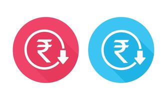 Indian Rupee Symbol Round Icons Displaying in Red and Blue with Long Shadow. Decreasing Rupee Value. vector
