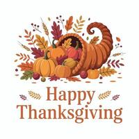 A cornucopia overflowing with pumpkins, leaves, and berries with happy thanksgiving text below it vector