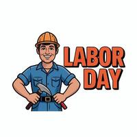 Cartoon illustration of a construction worker with labor day text on a white background art vector