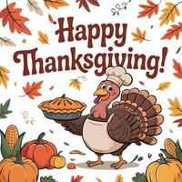 A cartoon thanksgiving illustration featuring a turkey chef holding a pie with pumpkins and corn vector