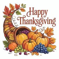 Happy thanksgiving illustration with cornucopia filled with pumpkins and grapes on a white background vector