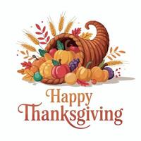 A festive cornucopia filled with autumn harvest fruits and vegetables with happy thanksgiving text vector
