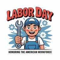 Cartoon style labor day illustration featuring a smiling worker holding a wrench and gears around vector