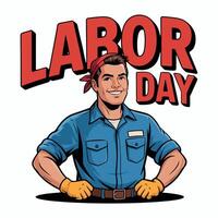 Cartoon illustration of a man in work attire with labor day text in the background design vector