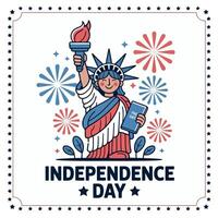 Illustration of statue of liberty with fireworks and independence day text in star border vector