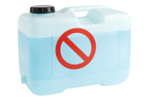 Plastic water container with no-drink warning label visible isolated on a transparent background png