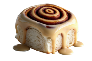 Cinnamon roll with creamy icing drizzled on top isolated on a transparent background png