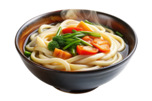 Steaming bowl of Japanese udon noodle soup with vegetables isolated on a transparent background png