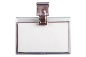 Empty plastic identification badge holder with secure metal attachment clip png