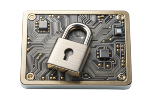 Secure lock placed on a circuit board background isolated on a transparent background png