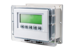 Weatherproof control panel with digital display and buttons isolated on a transparent background png