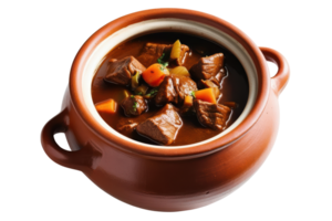 Hearty beef stew served in a traditional clay pot isolated on a transparent background png