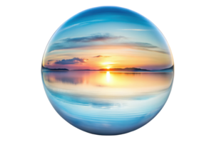 Crystal-clear sphere reflecting a serene sunset over calm water on a transparent background png