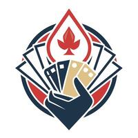 Strategic minimalist logo design combining hand, cards, and flame symbol for innovative card game creator focused on engaging gameplay experiences vector