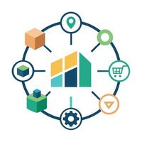 Connected minimalist logo representing supply chain management with geometric shapes and circular layout vector