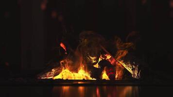 Dynamic flames flicker and glow over burning logs in a polished indoor fireplace, creating a warm and inviting atmosphere. video