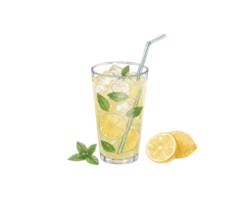 A glass of lemonade with a straw and a slice of lemon png