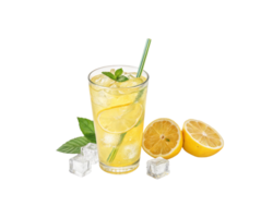 A glass of lemonade with ice cubes and lemon slices png