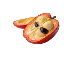 uma vermelho fruta com Preto sementes em isto png