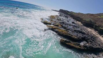 Dynamic waves crash against rugged volcanic rocks near a rocky hill with sparse greenery, under a clear blue sky on Oahu or Kauai in Hawaii. video