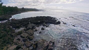 Sandy beach with lush greenery and tall palms, ocean waves crashing on rocks, and sunlight breaking through partly cloudy skies in Hawaii. video