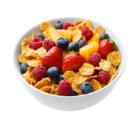 Cereal Flakes with Berries and Peach in White Bowl on Transparent Background png