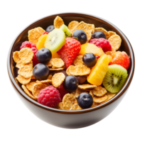 Bowl of Cornflakes with Strawberries, Raspberries, Kiwi, and Blackberries on Transparent Background png