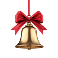 Festive Golden Bell with Red Bow Hanging on String on Transparent Background png