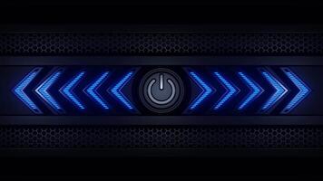 Blue Neon Power Button with Sequential Arrow Lights in Sci-Fi Black Mesh Frame video