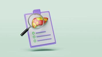 3d check list for health fatty liver disease with magnifying glass isolated on green background. health check report concept, 3d illustration render video