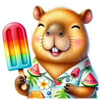 A cheerful capybara enjoying a colorful ice pop. png
