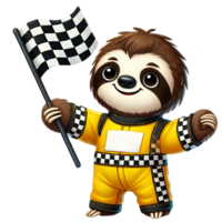 Adorable cartoon sloth in a racing outfit waving a checkered flag. png