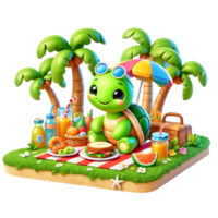 Cute turtle enjoying a picnic with tropical drinks and snacks. png