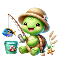 A cute turtle fishing with a bucket and a happy expression. png
