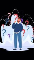 Thinking Man With Questions Around On Vertical On Alpha Channel 2D Cartoon Animation video